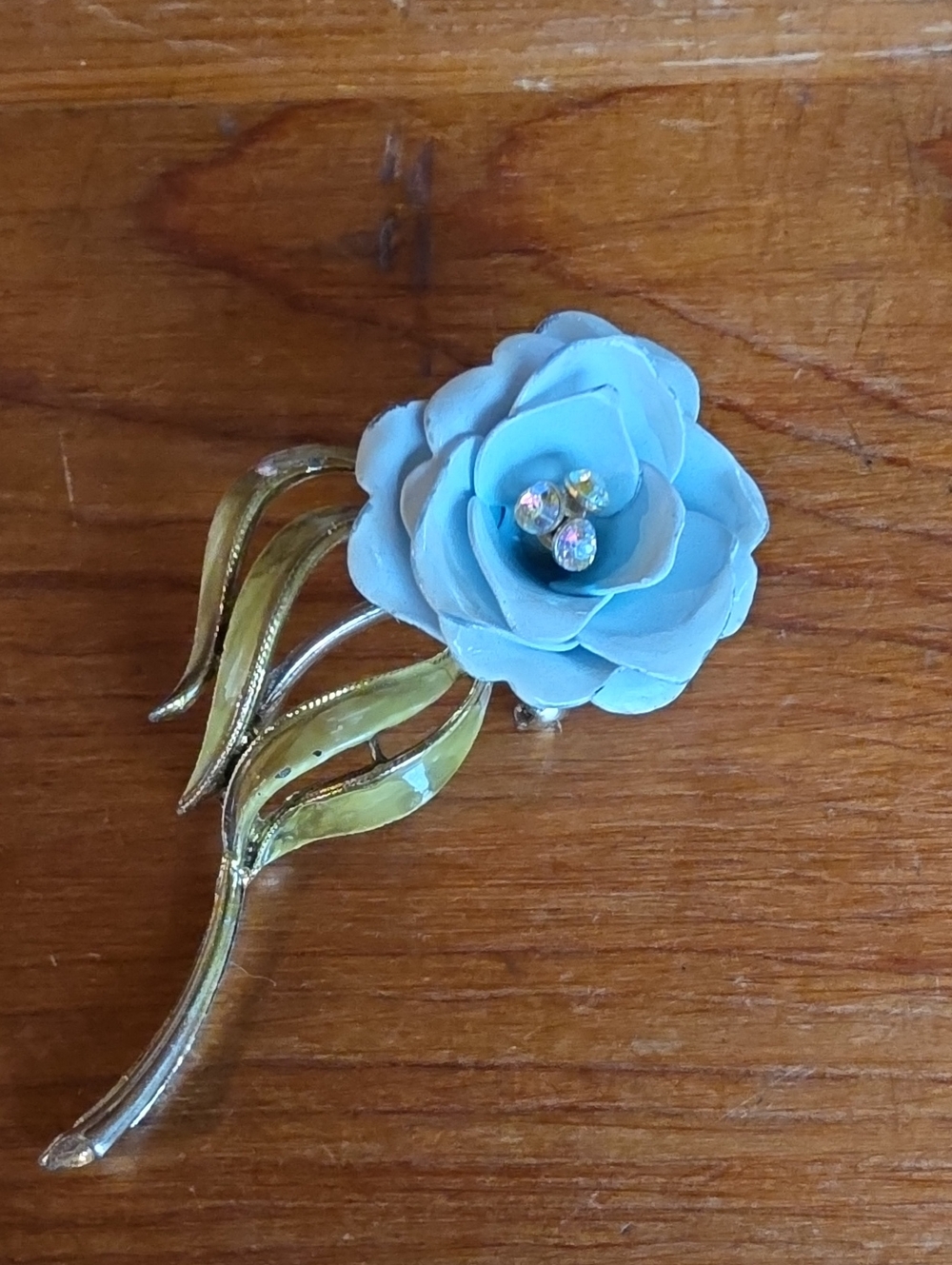 Vintage Coro Blue Enamel Rhinestone Rose Pin Brooch
